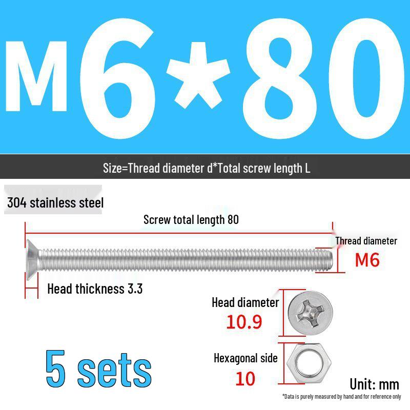 304 Stainless Steel Extra Long Phillips Flat Head Screws and Nuts Set (2M, 3M, 4M)