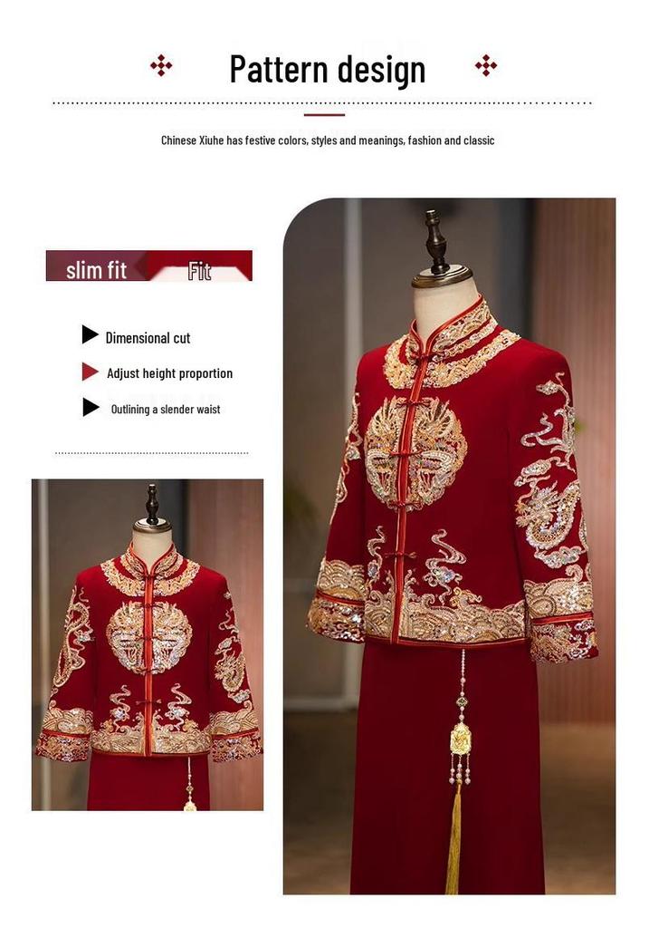 Men's Red Xiuhe Wedding Attire - Retro Chinese Tang Suit Hanfu with Dragon & Phoenix Qipao for Groom. Perfect for Guest Reception & Toasting.