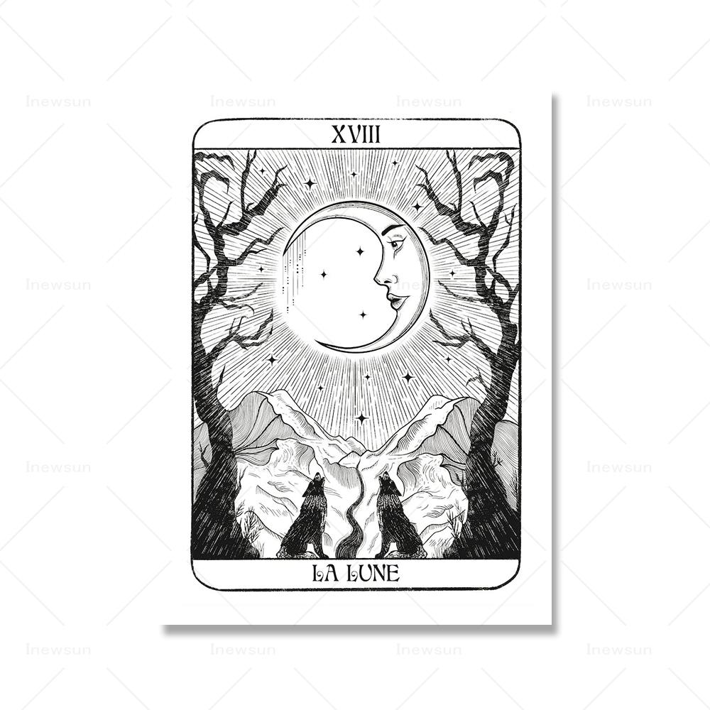 Moon Tarot Card Zodiac Chart Wall Art Mural Retro Occult Tattoo Flash Sheet Canvas Painting Witchy Palmistry Posters Wall Decor