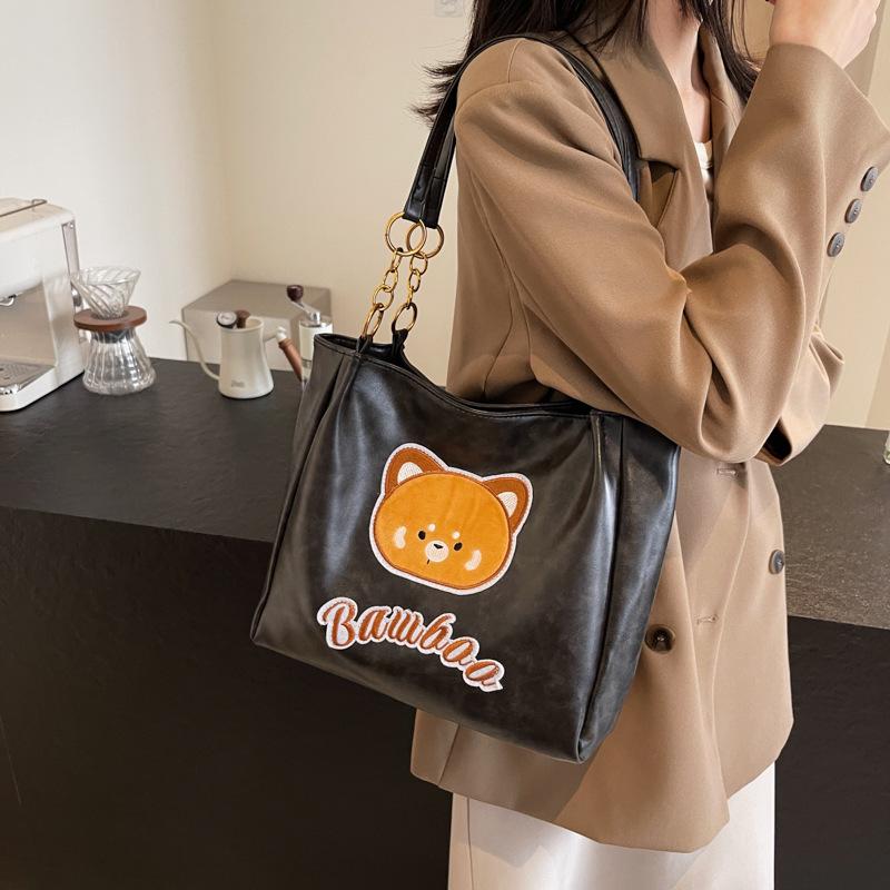 Bag women's new PU bucket bag bear letter embroidery trendy fashion shoulder bag large capacity messenger bag