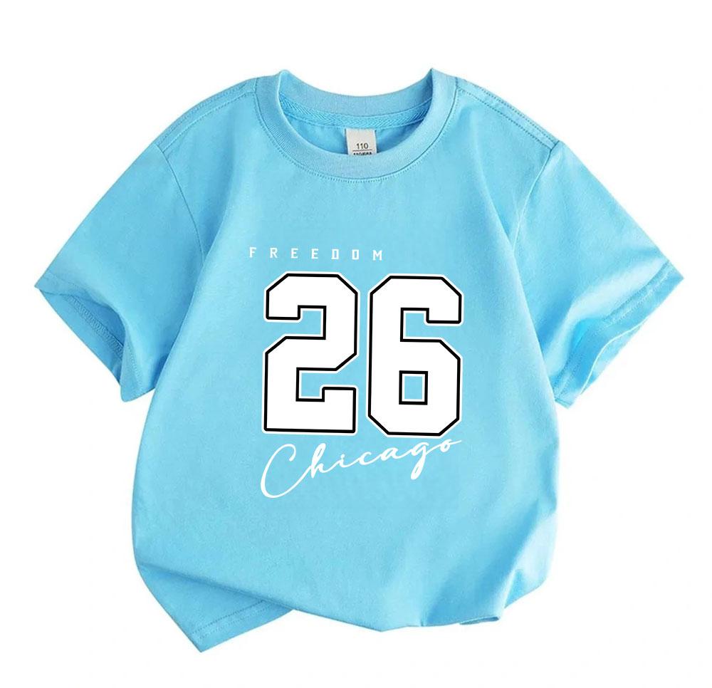 Kids Boys Girls 100% Cotton Crew Neck Short Sleeve T-Shirt, Freedom 26 Chicago Print Casual Summer Comfortable Soft Daily Tee for Children