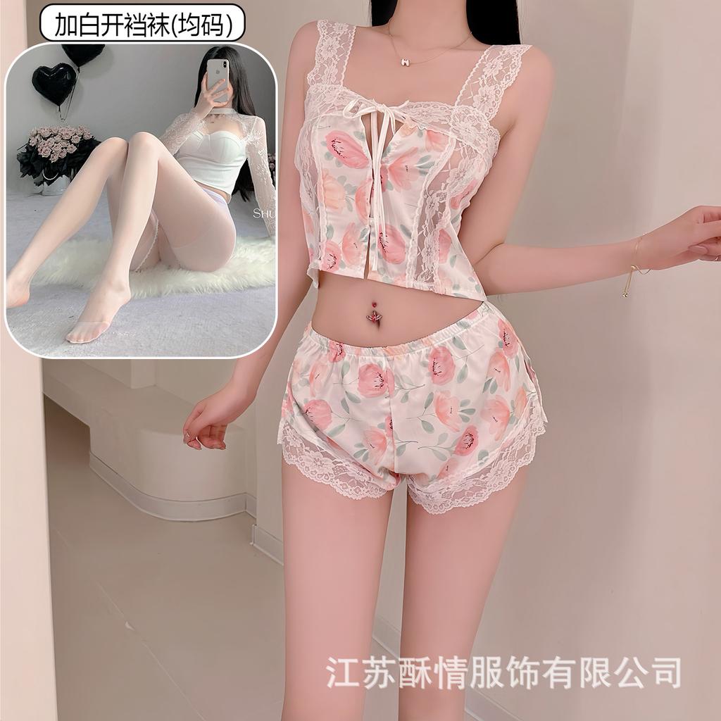 Crispy Sexy Sweet and Spicy Women's Summer Ice Silk Thin Pure Desire Suspender Shorts Two-piece Set Lace Temptation Set