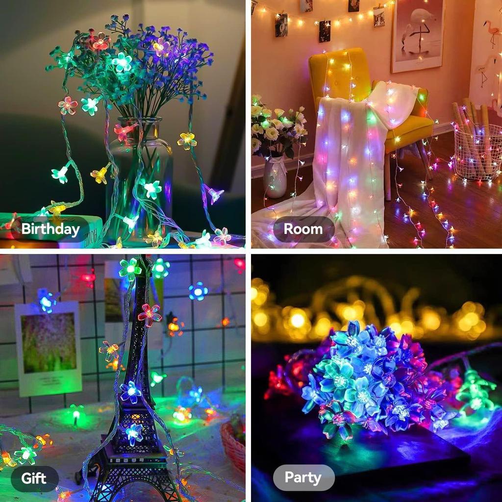 Silicone Flower LED String Lights – 60 LED, 12 Meter Multicolour Copper Wire Fairy Lights for Window, Wall, Garden, Diwali, Christmas