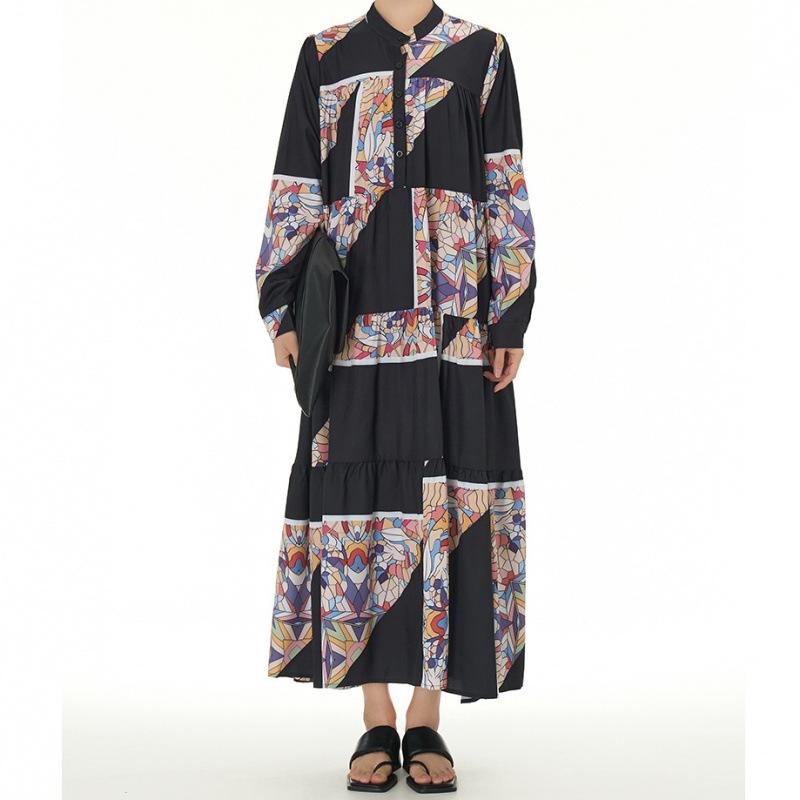 

Elegant Korean Style Patchwork Long Sleeve Plus Size Slimming Dress with Stand Collar 3XL