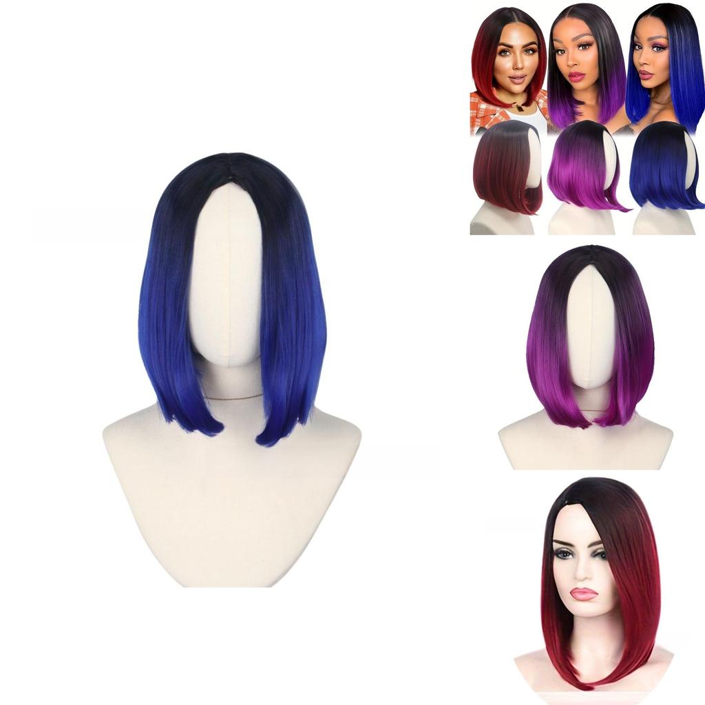 Premium Short Wig With Middle Part For Women Black Blue For Cosplay