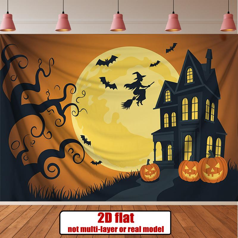 Party Backdrop Halloween Flat Banners Spooky Night Scenery Moonlit Haunted House Event Backdrop Decoration Front Door Decor