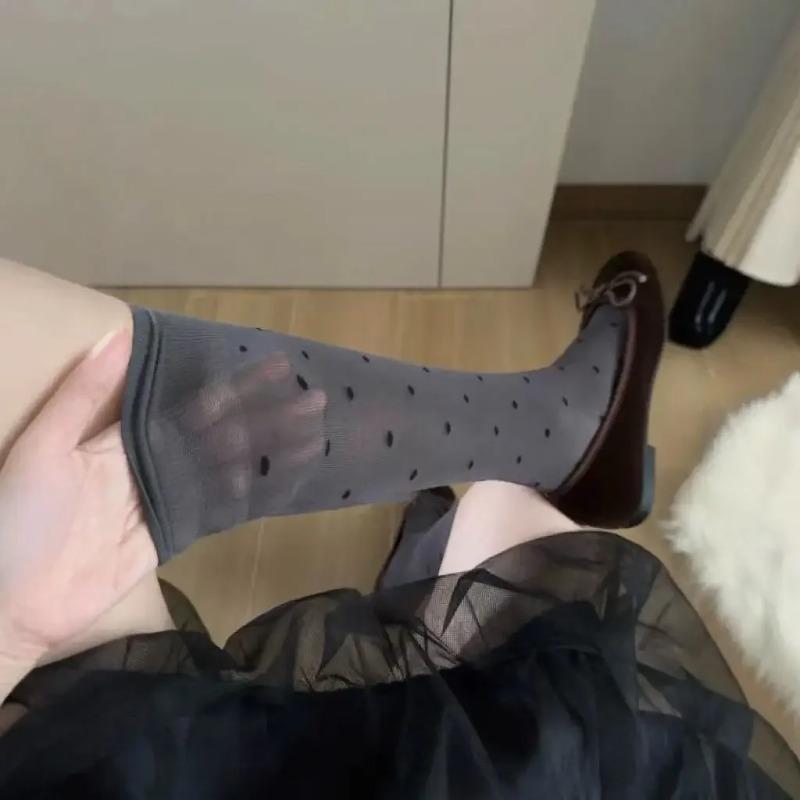 Korean White Polka Dot Knee High Socks JK High Tube Pile Sock Gray Small Round Dot High Tube Socks with Small Leather Shoes