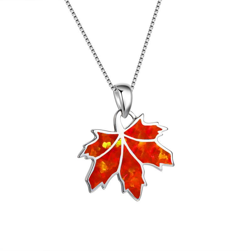 Hot Selling Copper Christian Opal Inlaid Maple Leaf Plant Pendant Silver Plated Autumn-Inspired Dainty Sweater Chain Necklace 20inches&Fashion