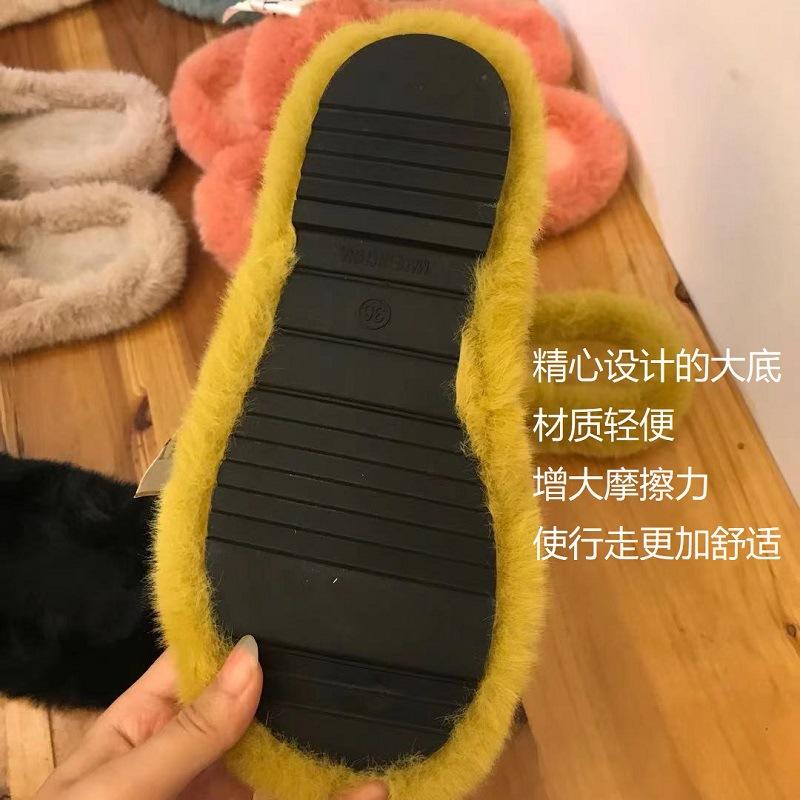 Autumn and winter new double with fluff mop outer wear fashion casual women's one-word cotton slippers flat bottom home plush slippers