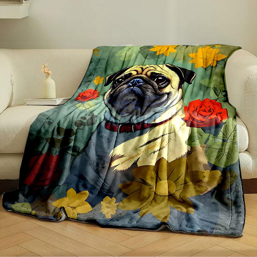 Pug with Vibrant Flowers for all seasons blanket lunch break throw gift