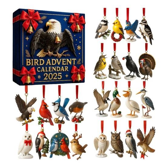 2025 Bird Advent Calendar 24 Days Handcrafted Acrylic Ornaments with Realistic Designs 2D Flat Hanging Decor for Christmas Tree & Holiday Display