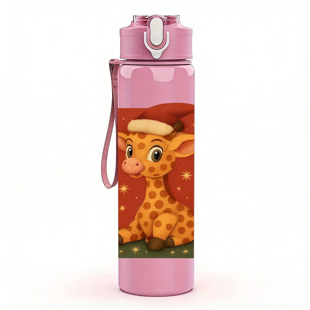 1PC Christmas Giraffe Cartoon 750ml Color Plastic Sports Water Bottle Leakproof Flip Straw Lid Suitable for Sports Office Home Use
