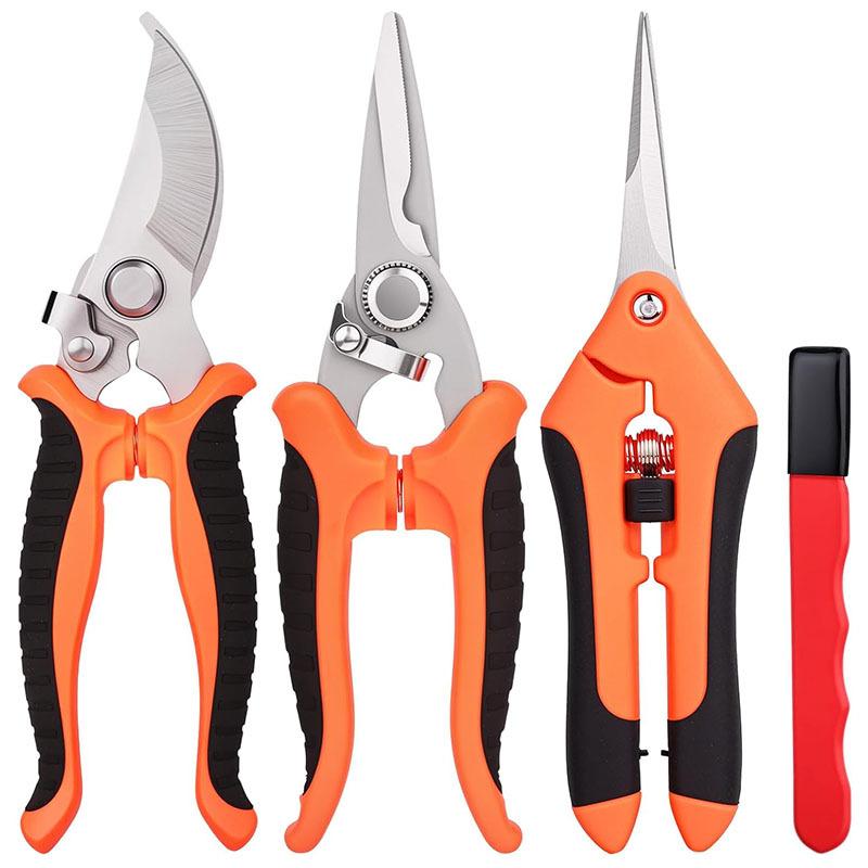 4PCS Gardening Tools Scissors Garden Scissors Set With Sharpening Stone Stainless Steel Pruning Shears With Sharp Blades Curved