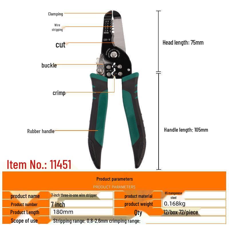 

Multi-Function Electrician Tool: Wire Stripper, Cutter, and Crimping Pliers Three-in-one Wire Stripper (1 piece)