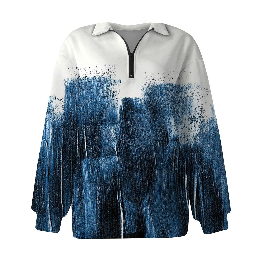 Women's Casual Fashion Long Sleeve Flower Print Oversize Zip Sweatshirt Top