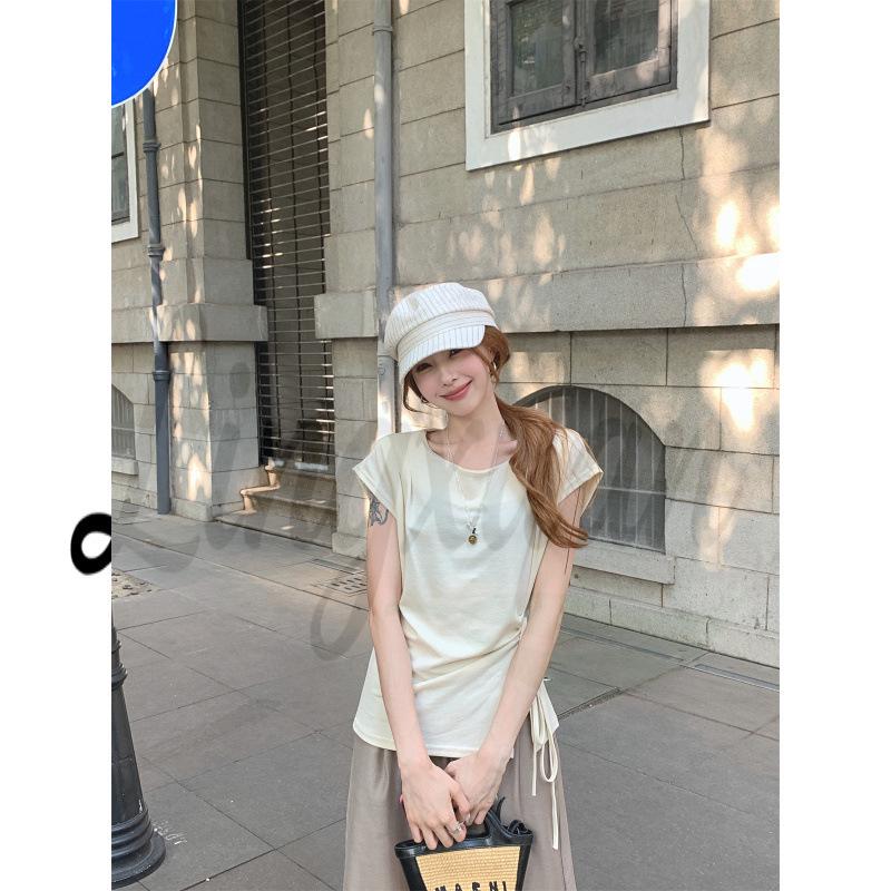 

Women s Summer Korean Style Pleated Waist Lace-Up Slim Fit Short-Sleeve T-Shirt Small абрикосовий