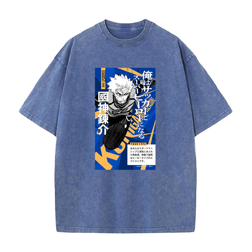 Anime Blue Lock Rensuke Kunigami Cool Graphic Washed Tshirt Men Manga T-shirts Casual Tee Harajuku Male Cotton Vintage T Shirt