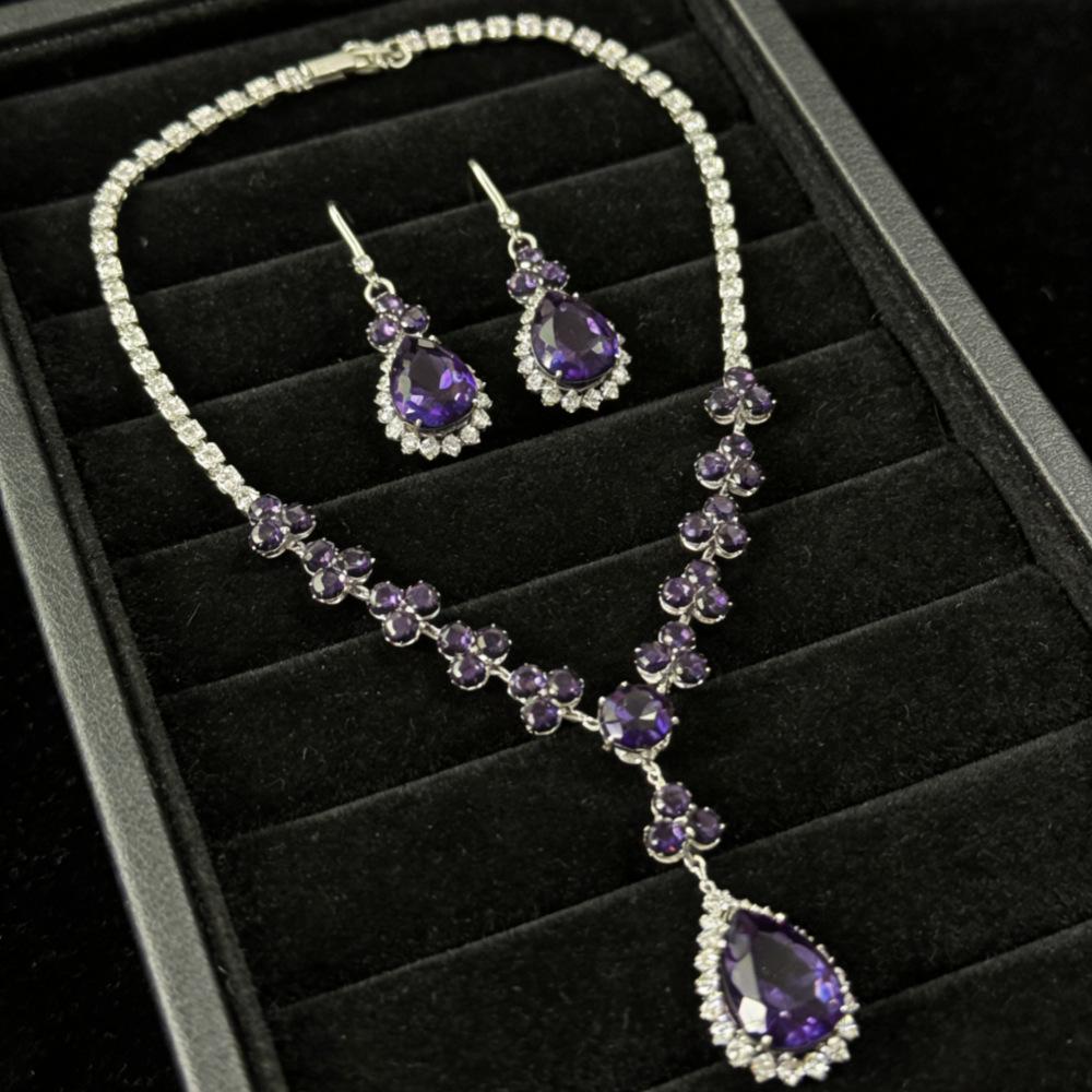Elegant Zirconia Water Drop Jewelry Set: Blue Necklace & Earrings for Brides