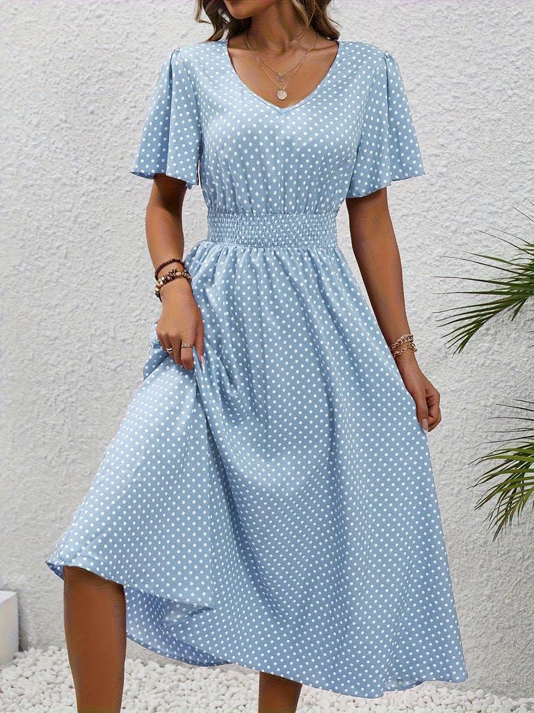 TEMU Estampado de Lunares Cintura Elegante Manga Corta Cuello en V Falda Línea A Primavera Y Verano Ropa de Mujer