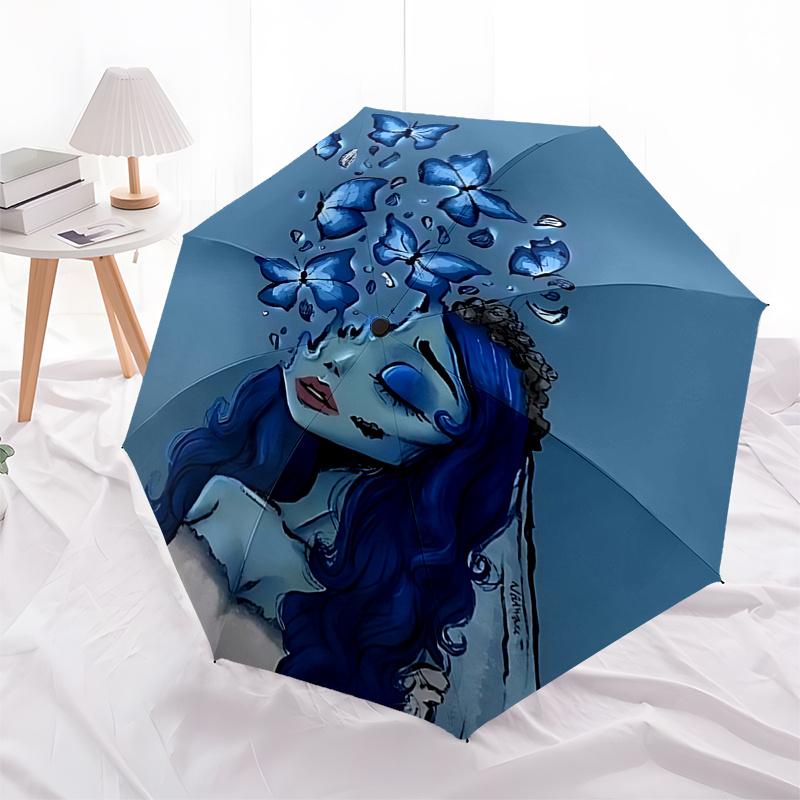 

Corpse Bride Blue Butterfly Rain Umbrella: Automatic Opening & Closing, Foldable Design, Outdoor Use, Suitable for Fans and Travelers0140b