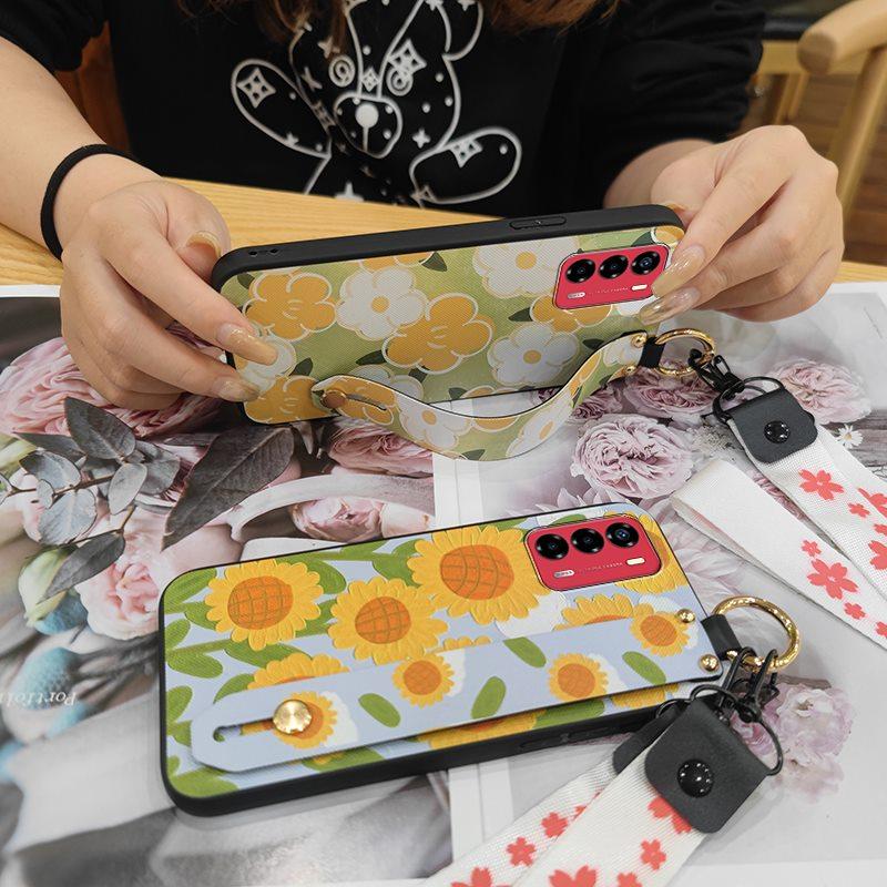 Durable Lanyard Phone Case For ZTE Blade V40 Vita/A72 Ring Anti-dust Fashion Design Silicone Kickstand Waterproof Flower
