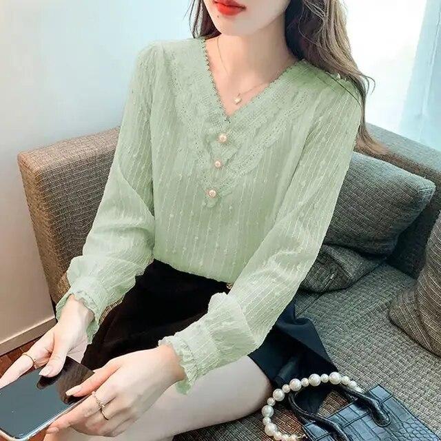 V-neck Lace Chiffon Top Spring Autumn New Loose Women's Clothing Solid Color Long Sleeve Bottoming Shirt