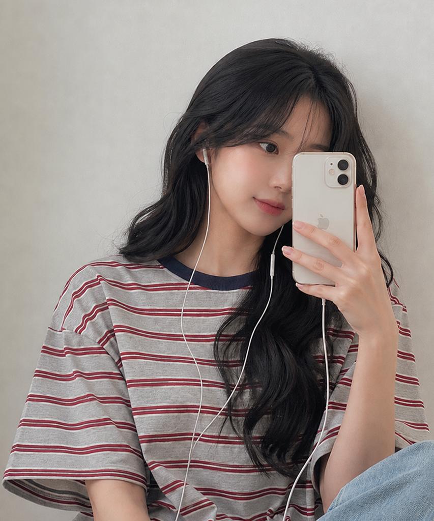 Sayu Striped Biscuit Short Sleeve Tee Gray