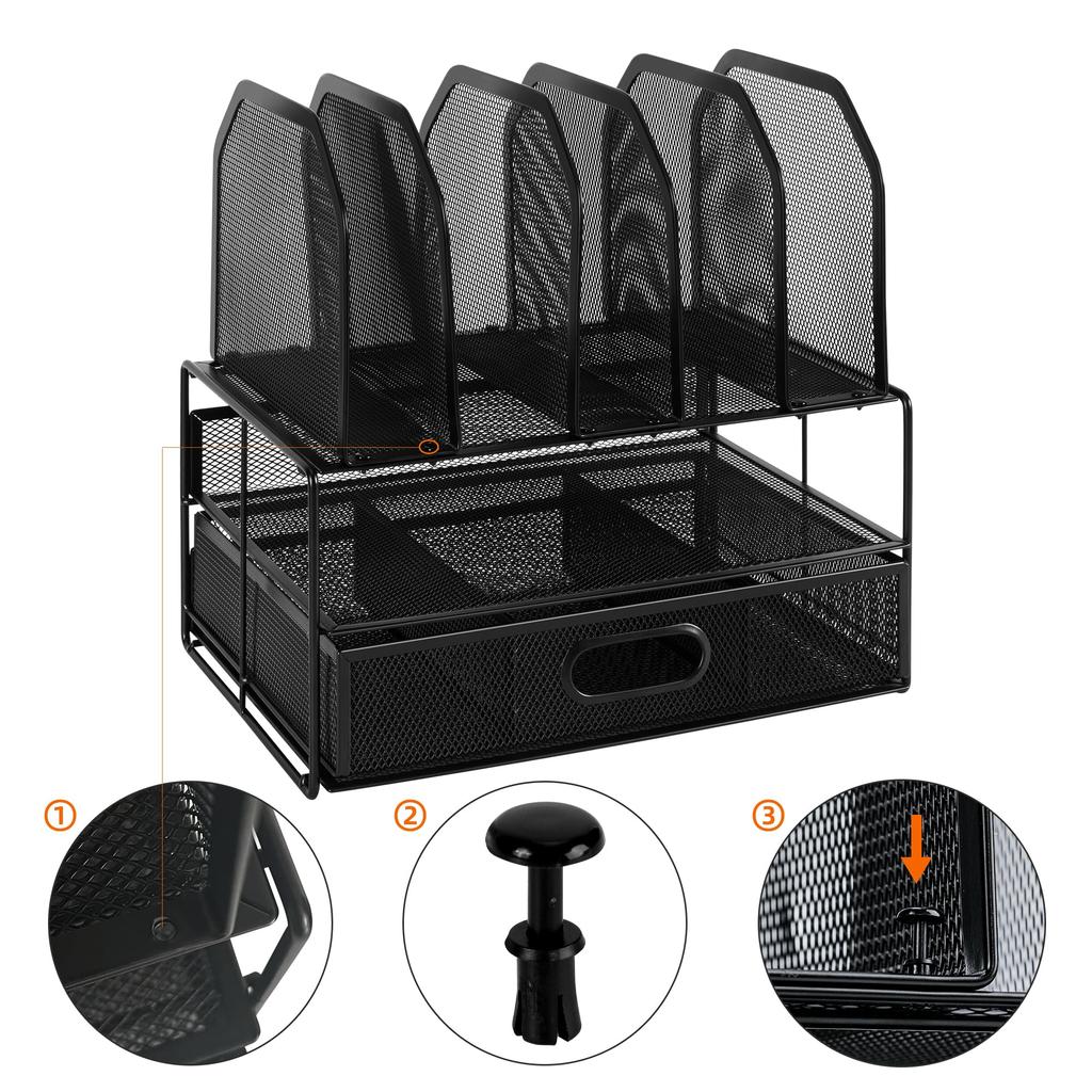 Amazon Basics Desktop Mesh Storage Case with Sliding Double and Five Upright Black Drawer, Tray, Sections,
