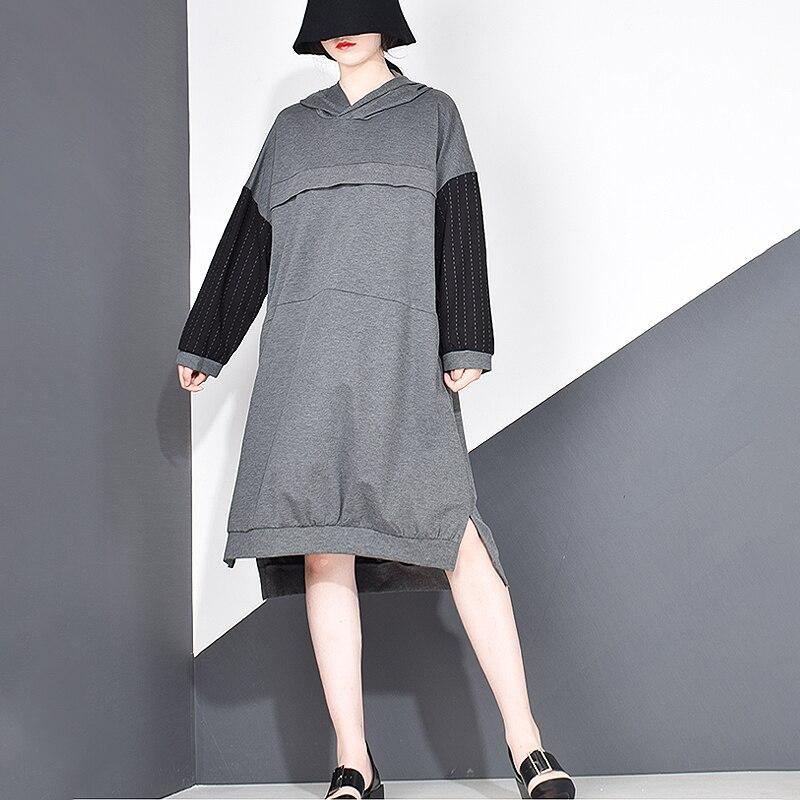 XITAO Patchwork Women Clothes Fashion Hooded Collar Dress LJT3519