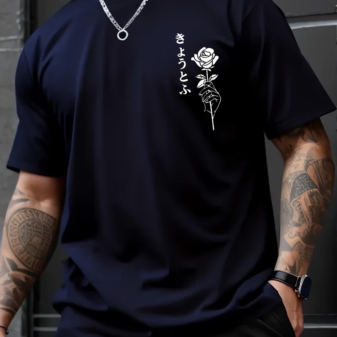 Summer 100 Cotton Mens Tshirt with Rose Pattern Print Casual Street Wear Loose Fit Round Neckline Short Sleeves S