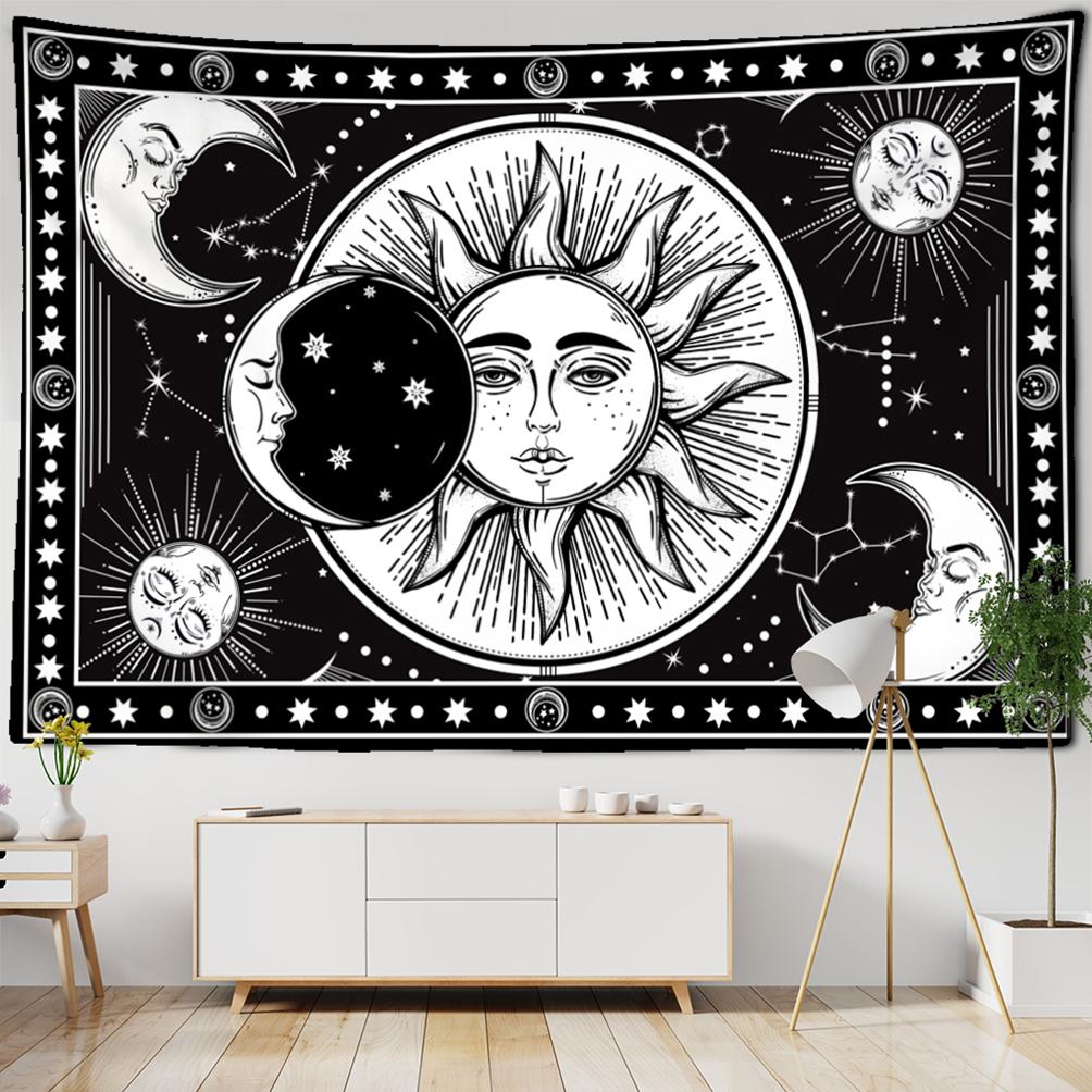 Bohemia Mandala Tapestry Sun and Moon Tapestry Wall Hanging Tarot Hippie Wall Rugs Room Dorm Decor Blanket Black and White Color
