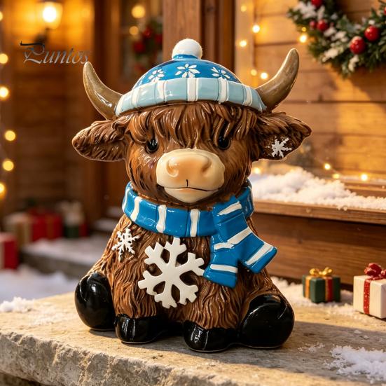Resin Animal Statue Winter Highland Cow Figurine, Cattle for Desk Decor Decor, Shape Ornament Home Office
