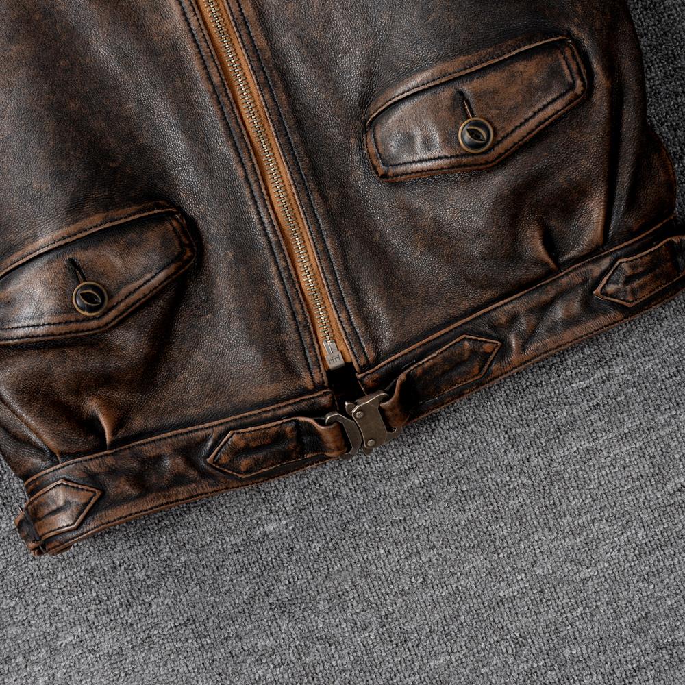 Men Genuine Leather Jacket Thick Oil Waxed Natural Cow Vintage Brown Slim Fit Short Men's Bomber Cowhide Coat Winter Clothing