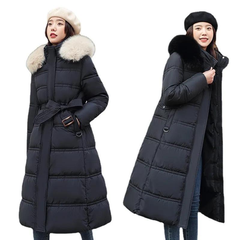 Winter Down Cotton Parkas Jacket Women's X-Long Faux Fur Collar Padded Jacket Thick Loose Large Size Padded Jacket