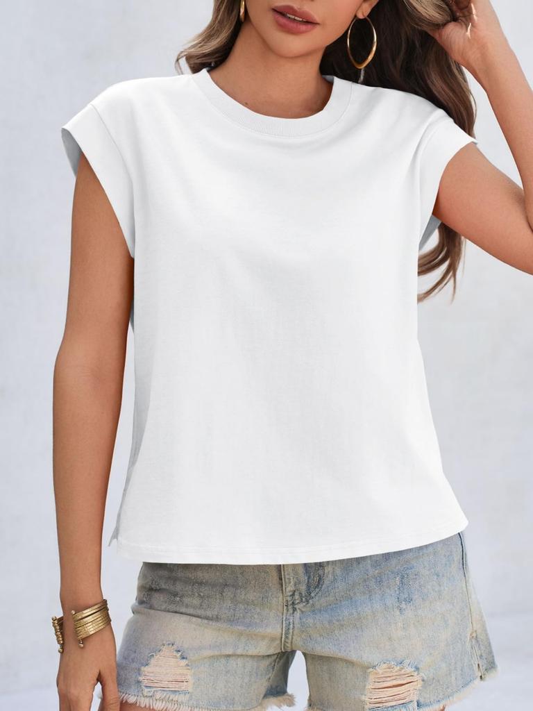 Women's Cotton Cap Sleeve Tank Top Crew Neck Loose Fit Summer T Shirt