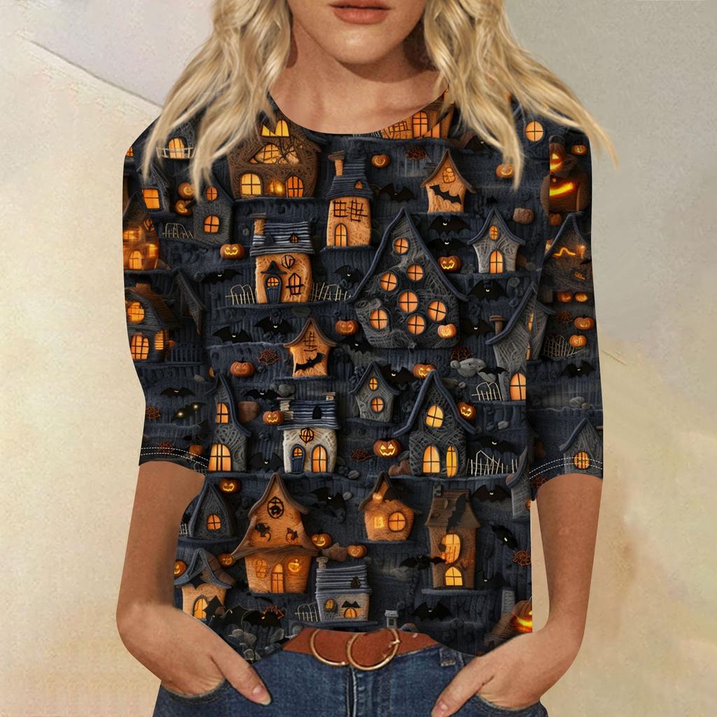 3/4 Sleeve Shirts For Women Cute 3D Halloween Printed Graphic Tees Blouses Casual Plus Size Basic Tops Pullover