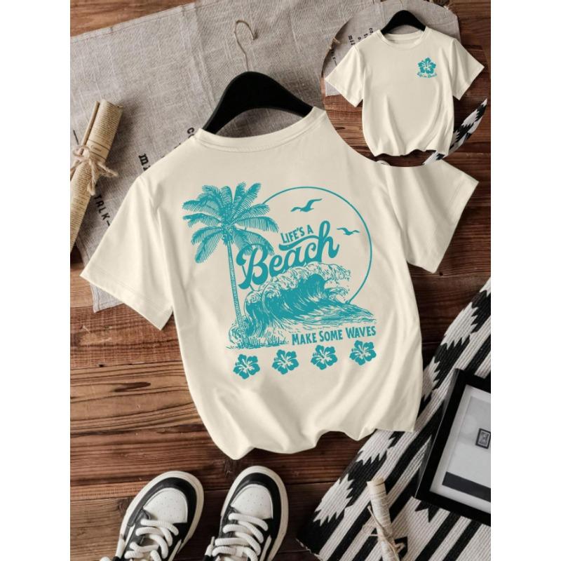 Modisches Rundhals-T-Shirt mit Strand- und Wellenprint und lockeren kurzen Ärmeln