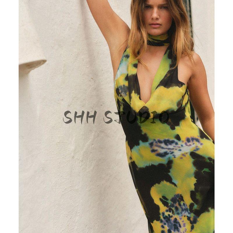 Summer New Product Women's Clothes Sexy Style Pleated Draped Collar Sleeveless Thin Scarf Decoration Print Length Dress 3323308