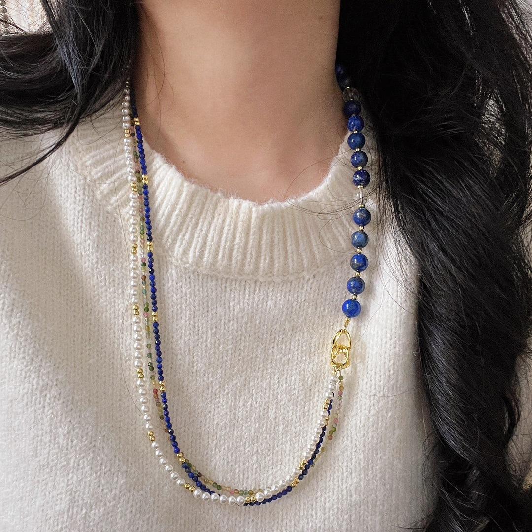 

High Quality Natural Tourmaline Lapis Lazuli Artificial Crystal Pearl Sweater Chain Necklace