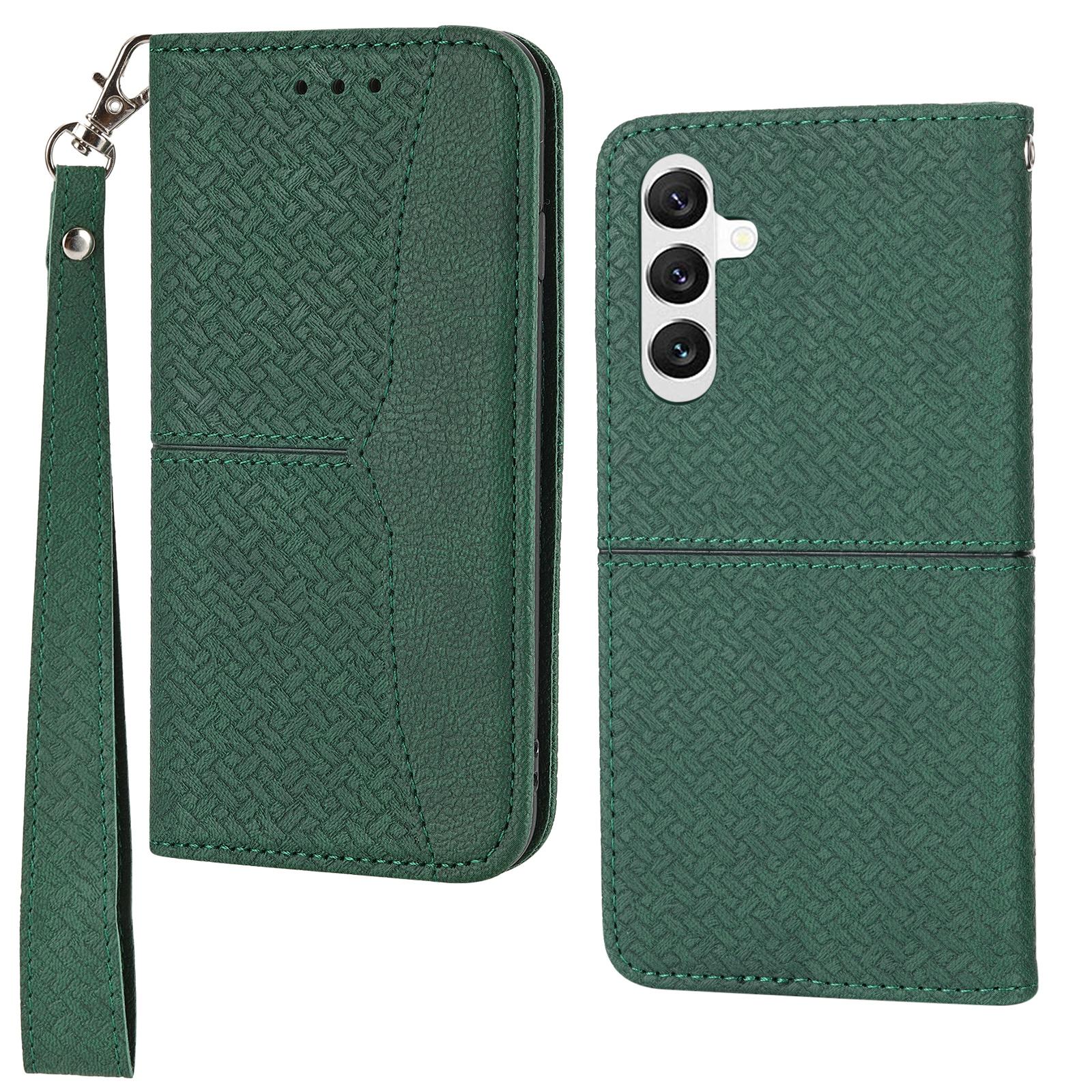 

For Samsung Galaxy A55 5G Leather Case Magnetic Closing Cover Woven Texture with Strap Green