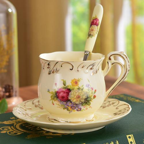 Luxury Ceramic england style flower Coffee Cup Sauce Set Bone China  Breakfast Afternoon Flower Tea Cup with spoon