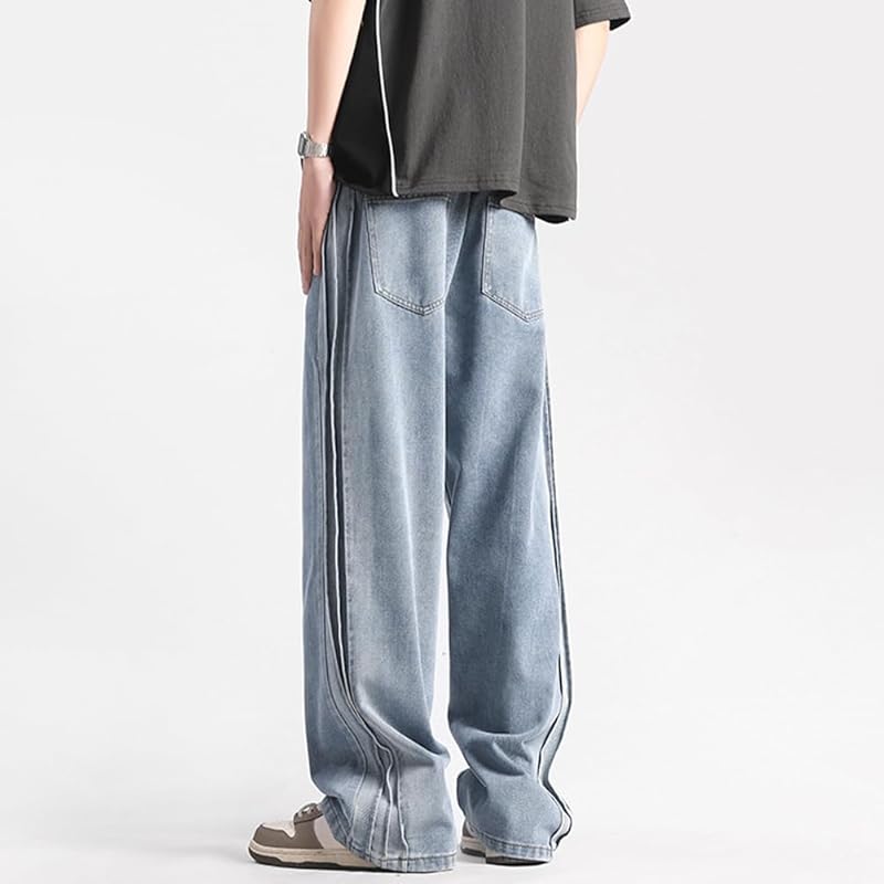 [Maioulers] wide denim denim pants jeans baggy pants jeans wide string adjustment big size Relaxing casual Pants (blue, 2XL)
