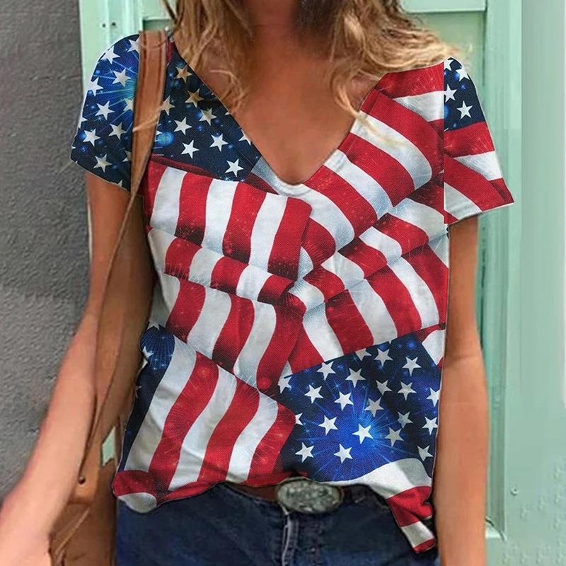 Summer Casual and Comfortable American Flag 3D Printed Women's V-neck Short Sleeved T-shirt