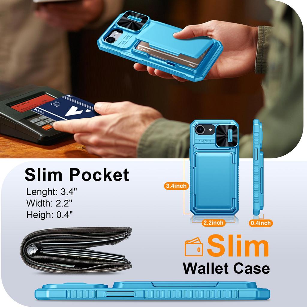 With Card Holder Sliding Camera Cover And Stand For iPhone 16E / iPhone 17E Phone Case, Anti-Fall PC+TPU Wallet Case-Light Blue