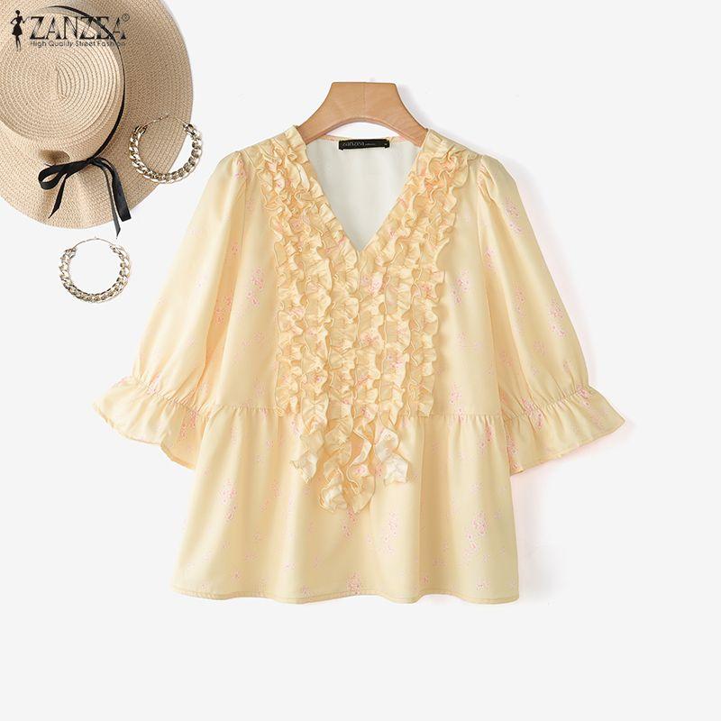 ZANZEA Women Elegant Floral Print Summer Casual V-Neck 3/4 Sleeve Blouse