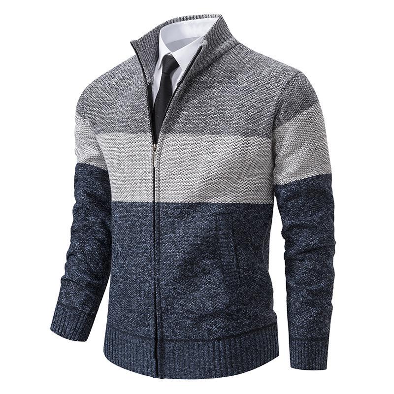 Men's Color Block Velvet-Lined Knit Cardigan with Stand Collar for Fall/Winter