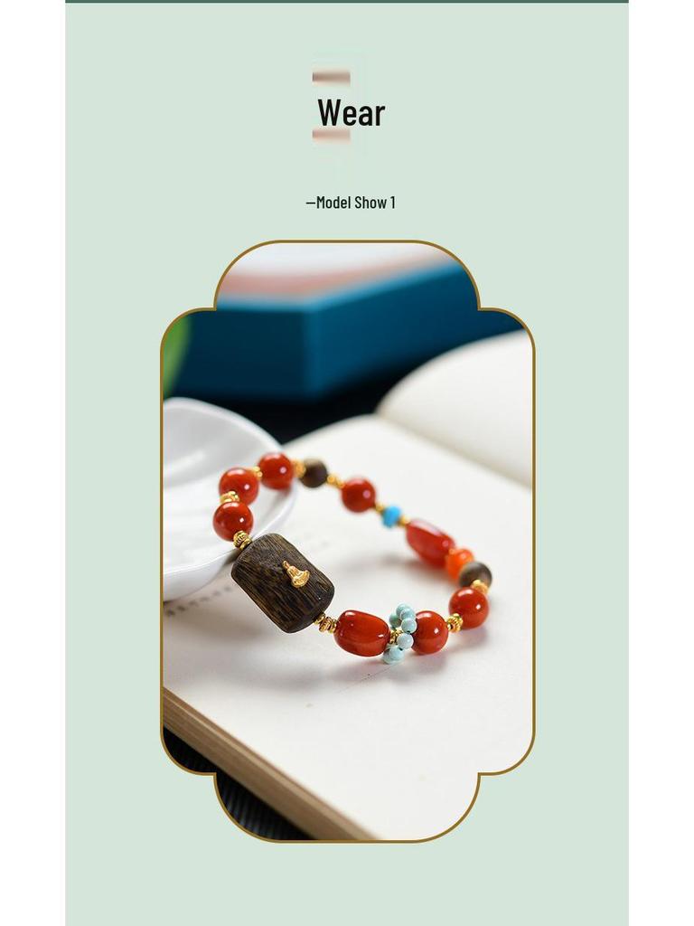 Novo Bracelete de Prata 925 com Ágata Vermelha e Turquesa Estilo Chinês