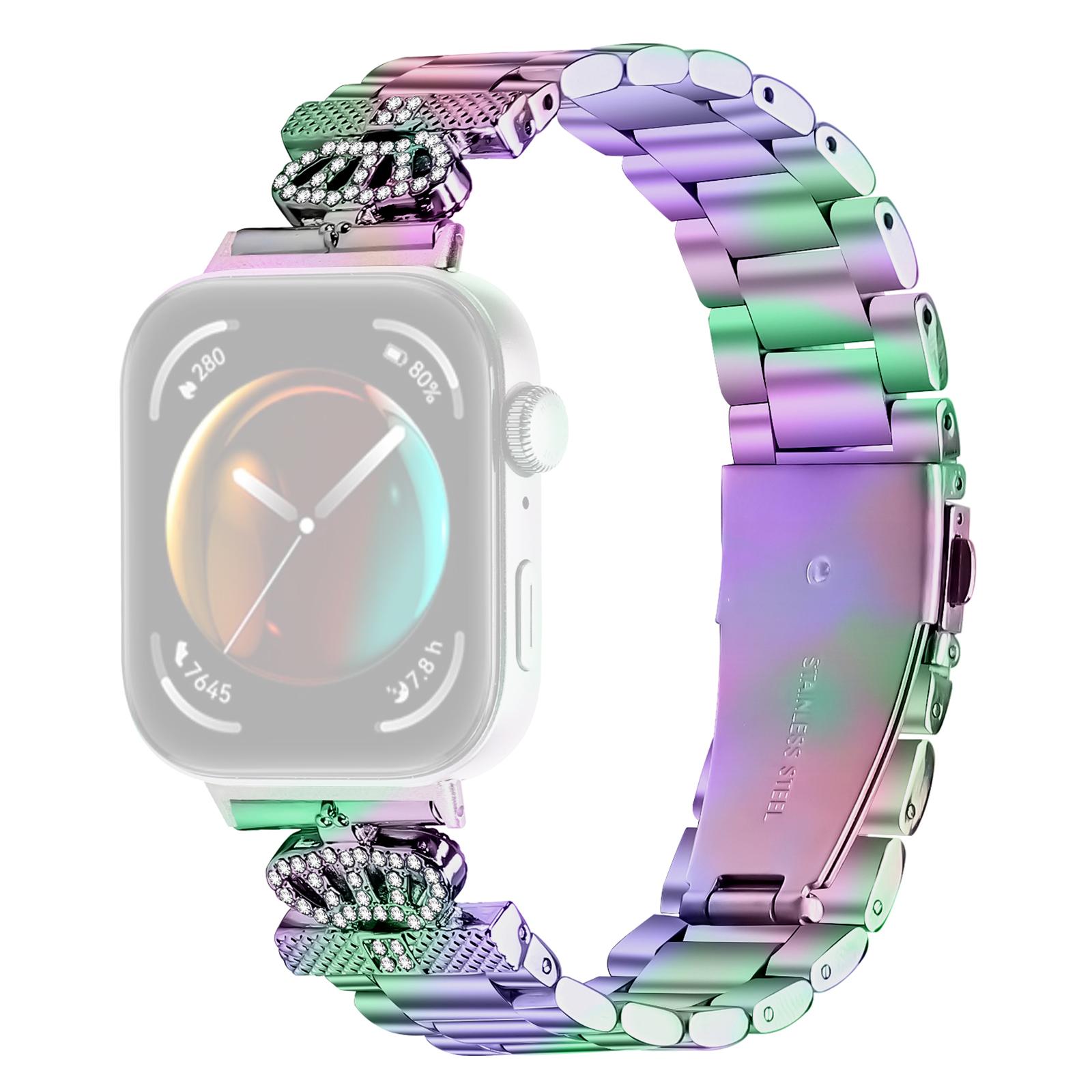 

For Huawei Watch Fit 3 Stainless Steel Strap Crown Shape Rhinestone Decor Watch Band Colorful