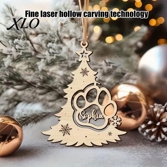 Lightweight Wood Hanging Decor Christmas Tree Pendant with Paw Print, Hollow Engraved Natural Craft Ornaments Ornament, Rustic Style for Holiday Party