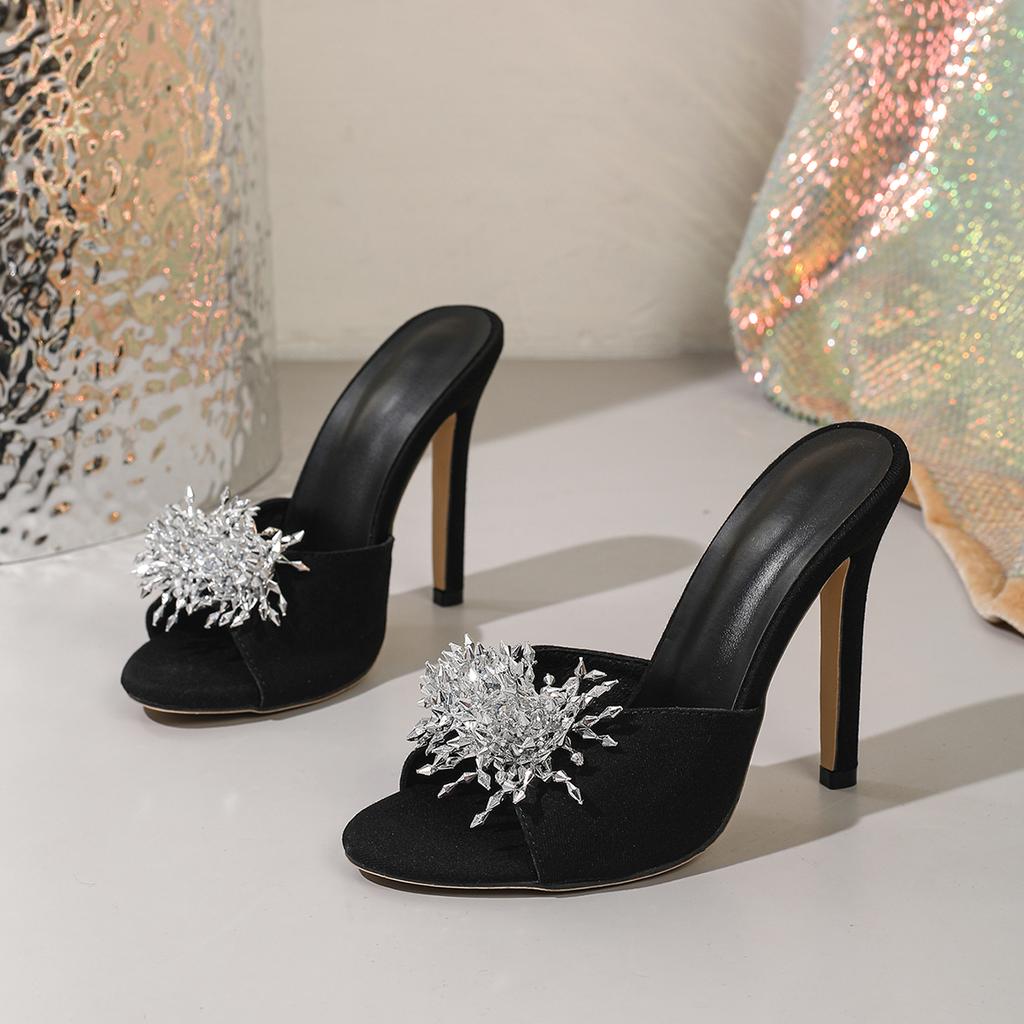 Eilyken New Summer Design Crystal Diamond Open Toe Slide Women Slippers Fashion Thin High Heels Banquet Party Shoes